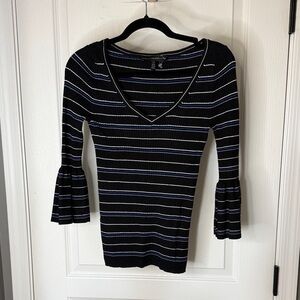 White House Black Market Black and White Striped Bell Sleeve Top NWOT